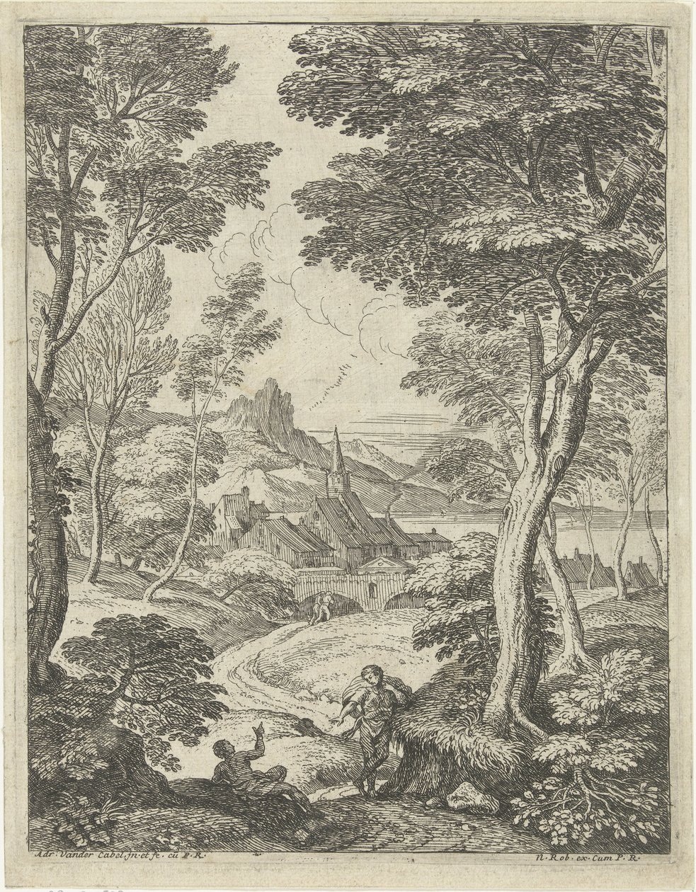 Paysage avec une tour pointue (Landschappen met schaapsherders) - Adriaen van der Kabel
