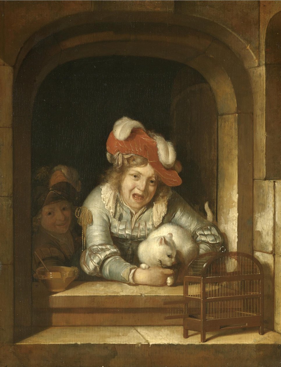 Deux enfants jouant avec un chat tenant un oiseau dans ses mâchoires - Adriaen van der Werff