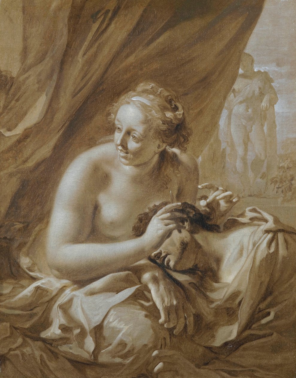 Alors que Samson dort sur les genoux de Dalila, celle-ci fait signe à ses ennemis de s