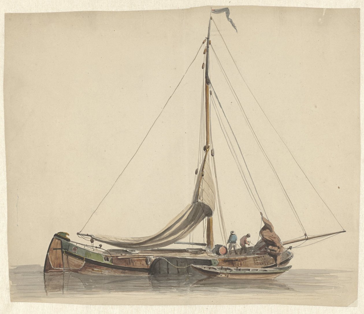 Deux hommes travaillant sur une péniche à voiles abaissées - Adrianus Eversen