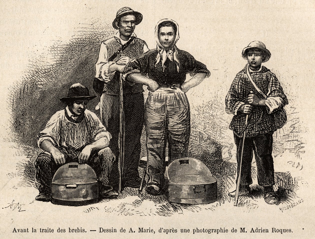 Avant le commerce des moutons, tout le personnel de la ferme était employé à cette tâche, garçon, serviteur, sous la supervision du berger, le lait était collecté dans les seilles (vase métallique étamé), gravure d