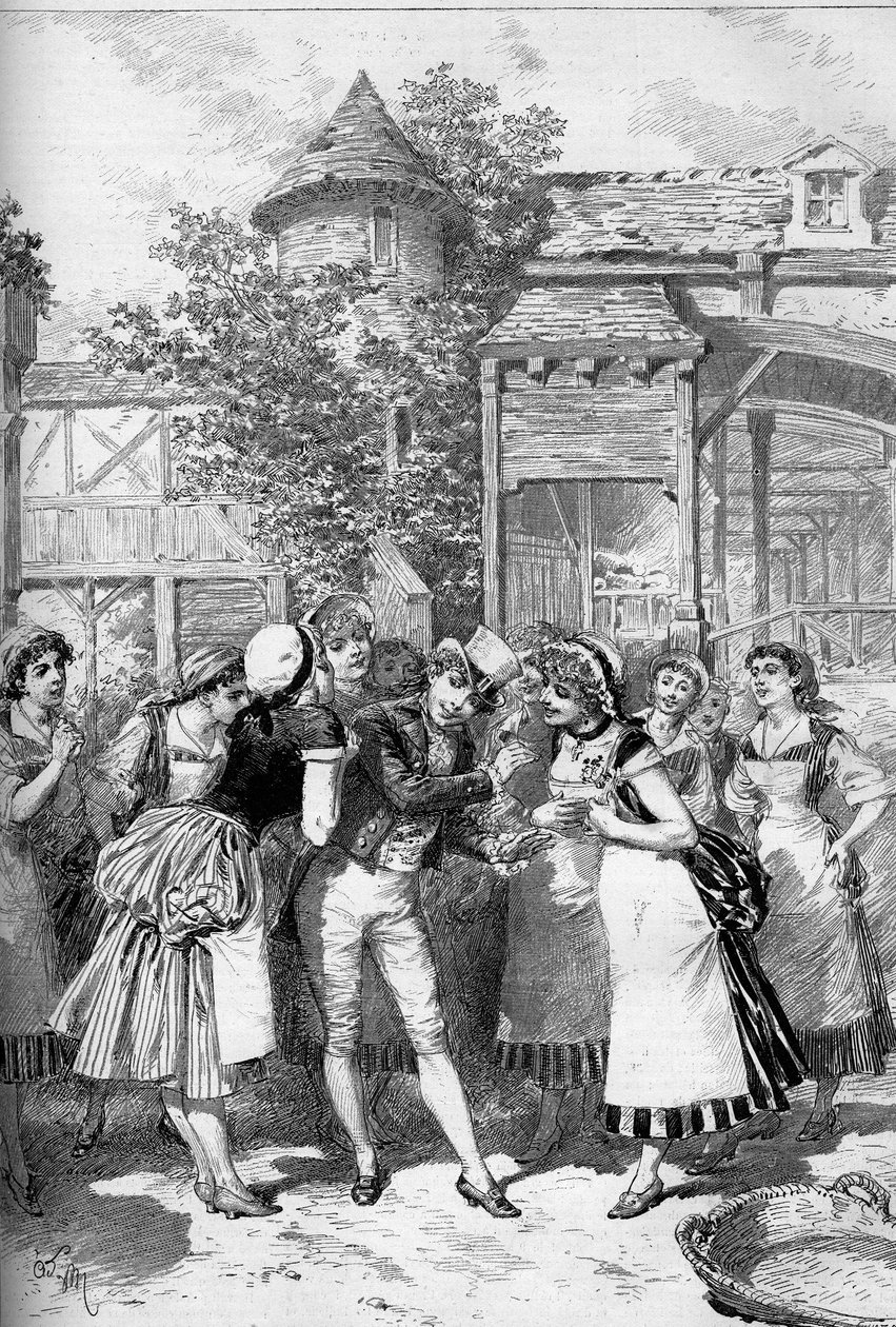 Le beau Nicolas entouré par les filles du village. Juliette Simon-Girard (Simon Girard) (1859-1959) dans le rôle de Nicolas pour l