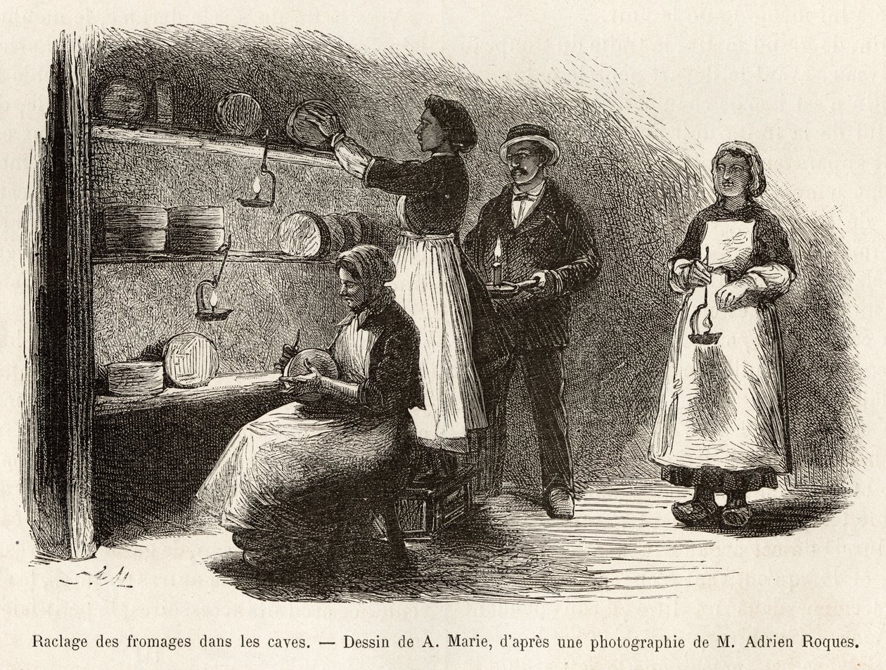 Le raclage et le piquage des fromages, après la cave tous les huit jours, ces opérations facilitent la fermentation et la formation de marbrures bleues dans le Roquefort, gravure d