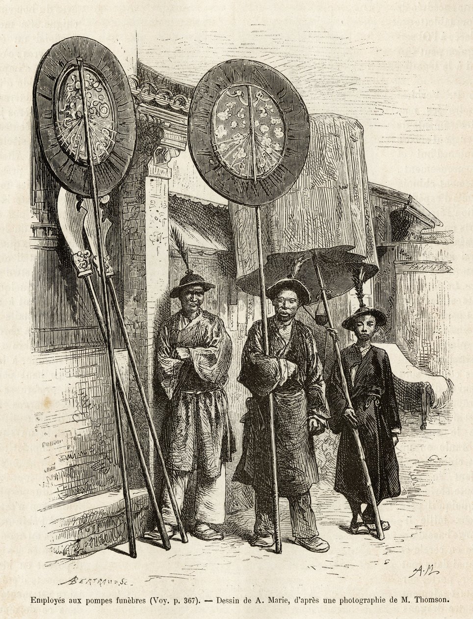 Trois travailleurs funéraires à Pékin (illustration du voyage à Pékin et en Chine du Nord, par T. Choutze, 1873, publié dans "Le tour du monde" 1876) - Adrien Emmanuel Marie