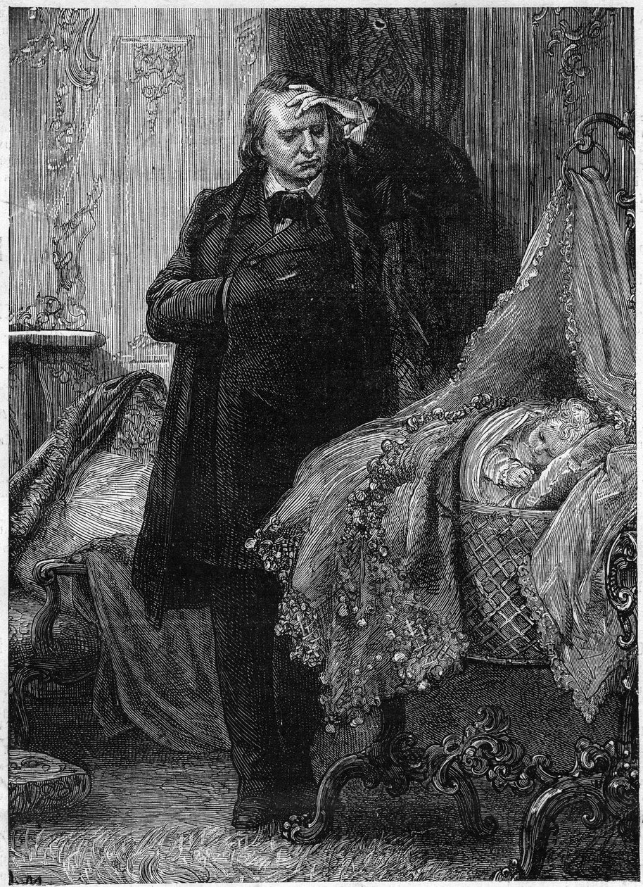 Victor Hugo observant un enfant dormant dans son berceau. Illustration de "Histoire d