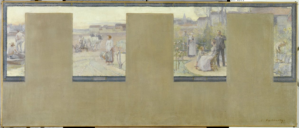 Esquisse pour la mairie de Nogent-sur-Marne : Le canotage - le labourage - la villégiature - le jardinage, en 1889 - Adrien Karbowsky