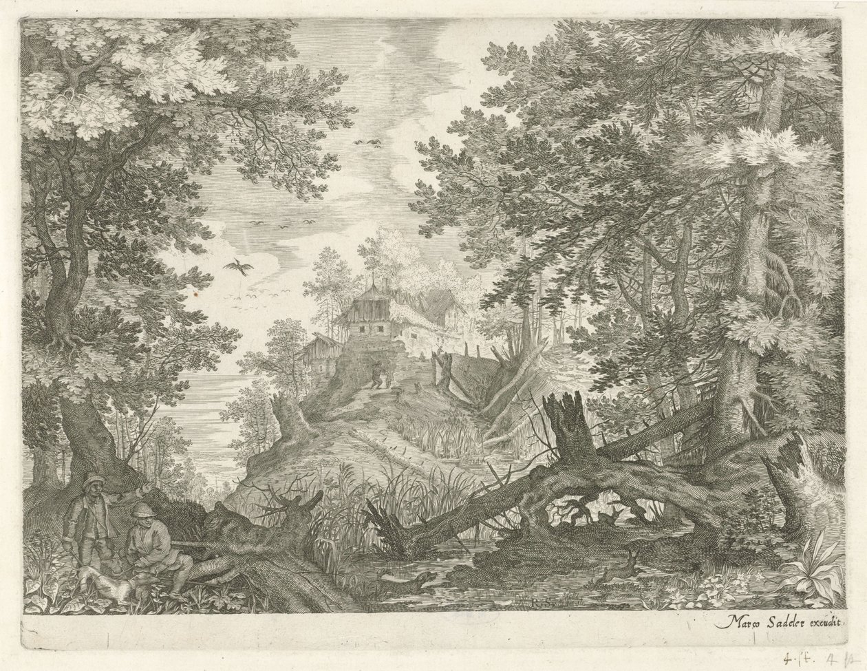 Paysage forestier avec deux chasseurs et un chien - Egidius  Sadeler (II)