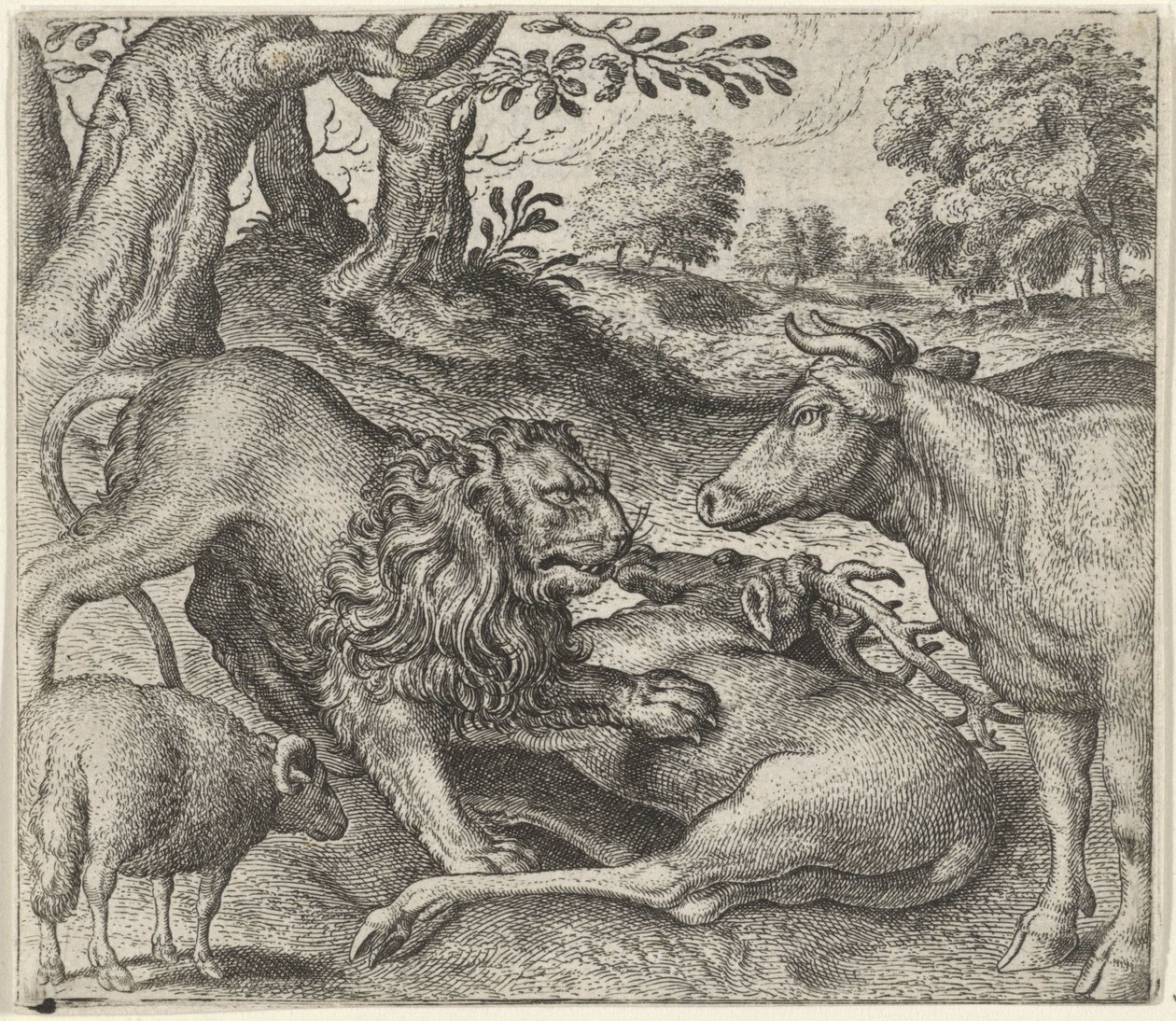 Fable du lion, de la vache et du mouton à la chasse - Egidius  Sadeler (II)