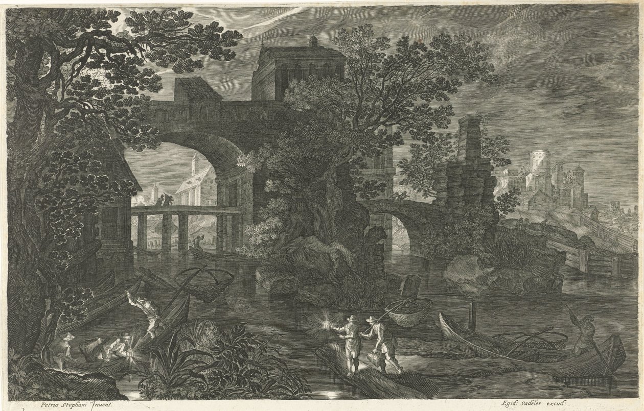 Scène nocturne avec des pêcheurs sur une rivière - Egidius  Sadeler (II)
