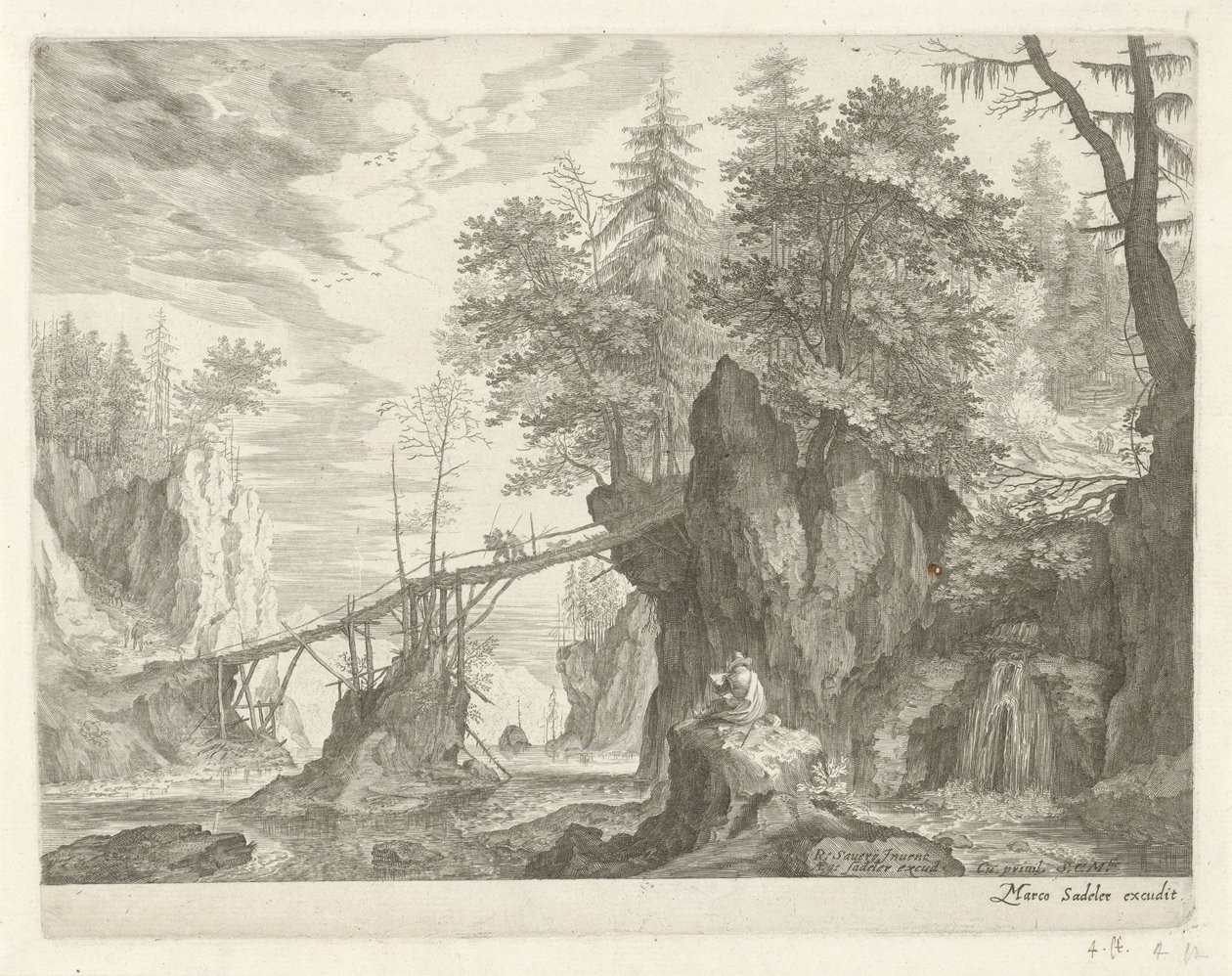 Dessinateur assis sur une pierre devant un pont - Egidius  Sadeler (II)