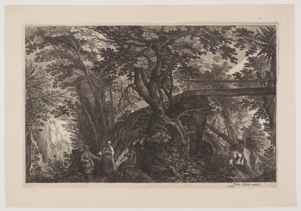 Forêt avec un pont en bois à droite, extrait de Huit scènes de Bohême - Aegidius Sadeler II