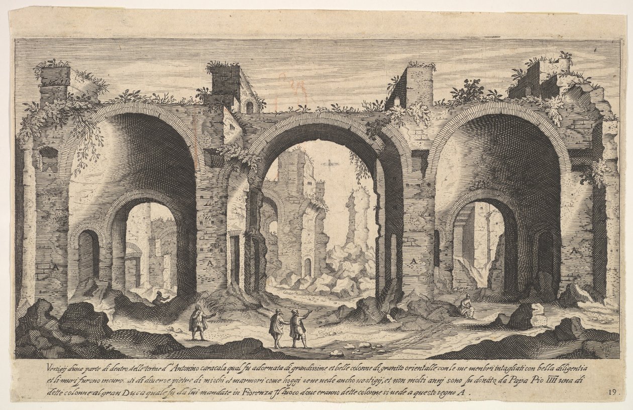 Planche 19 : vue des thermes de Caracalla, indiquant avec la lettre A les lieux, 1606 - Aegidius Sadeler II