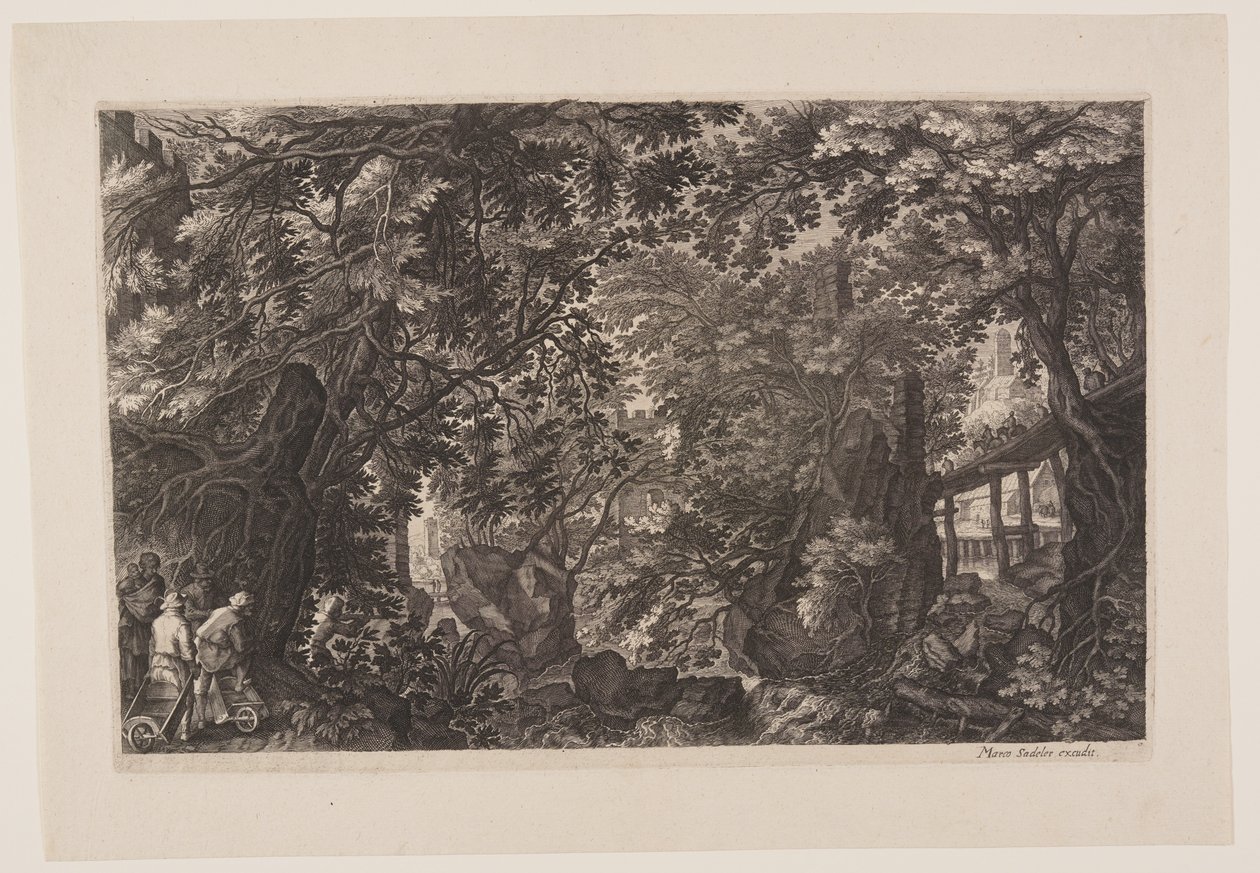 Scène huit : Une forêt avec un pont en bois, extrait de Huit scènes de Bohême - Aegidius Sadeler II