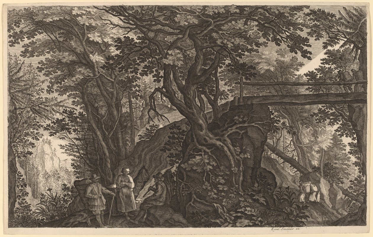 Paysage forestier avec deux hommes et une femme se reposant près d