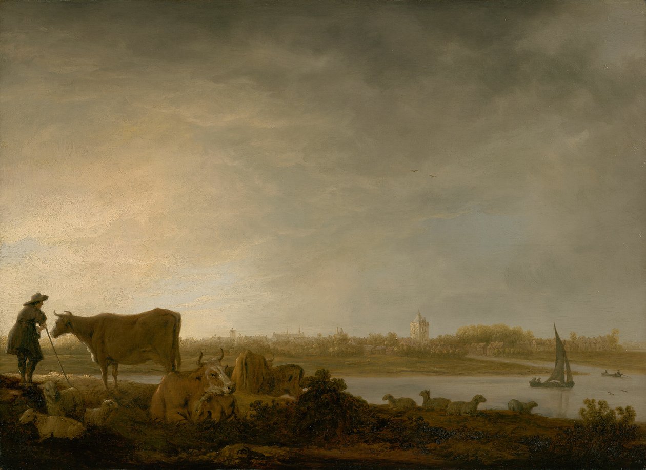 Vue de Vianen avec un berger et son bétail au bord d