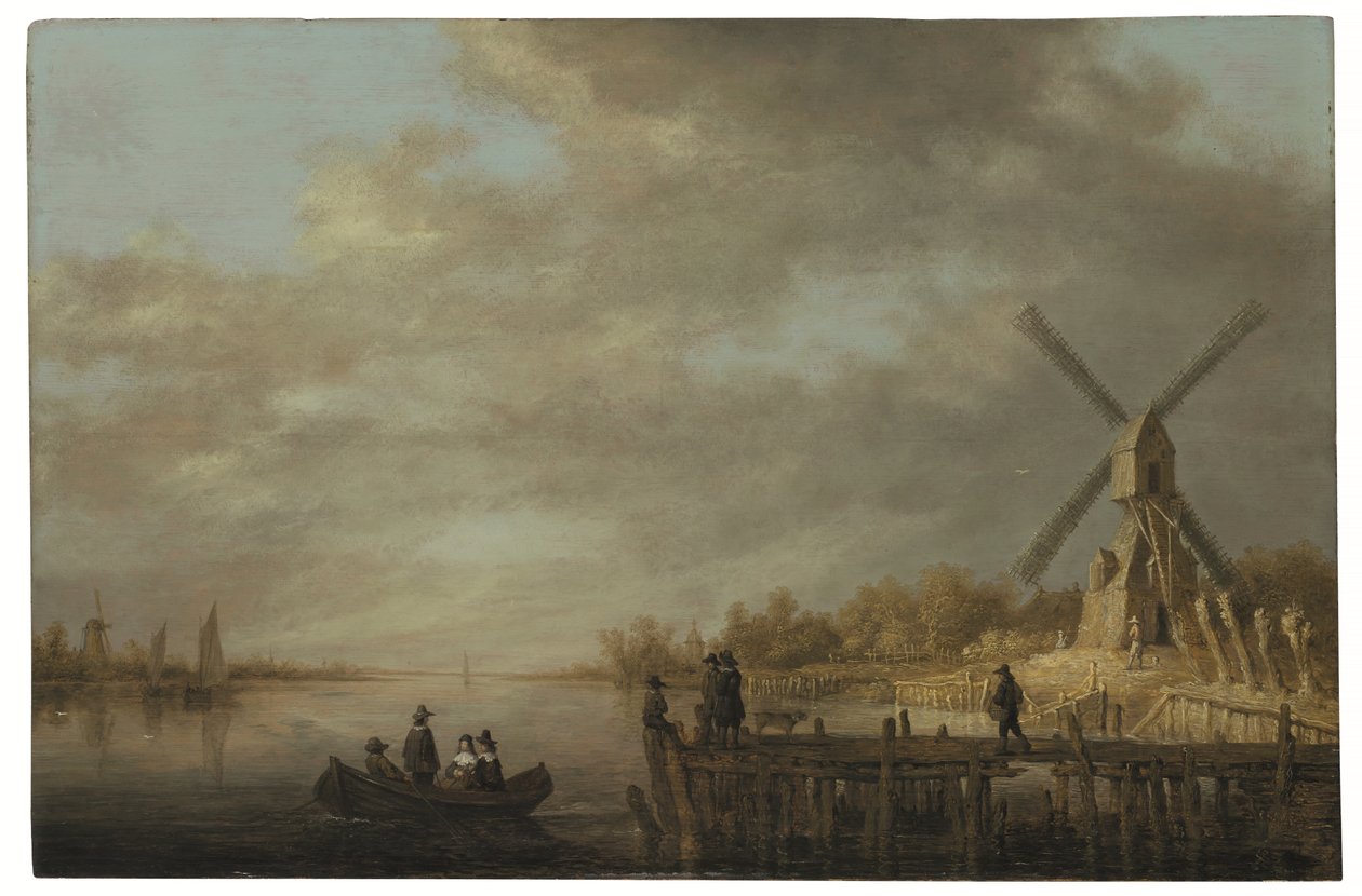 Un paysage fluvial avec un moulin à vent et des gentilshommes dans une barque et sur un quai au premier plan - Aelbert Cuyp