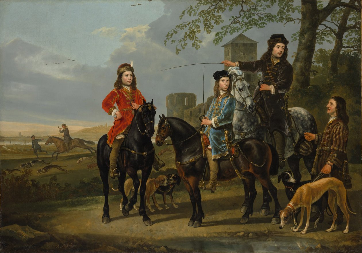 Portrait équestre de Cornelis et Michiel Pompe van Meerdervoort avec leur tuteur et cocher, partant pour la chasse, vers 1652-53 - Aelbert Cuyp