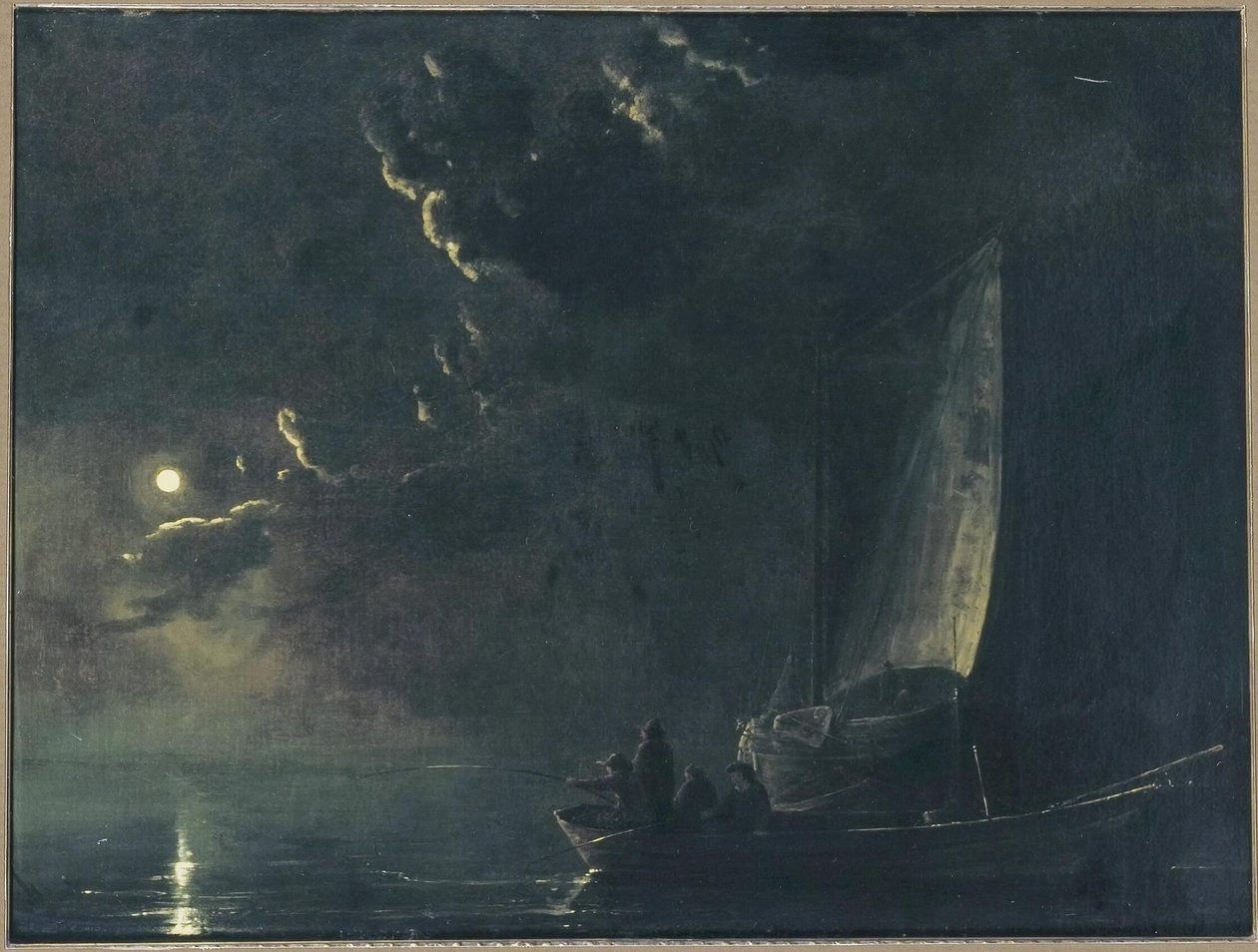 French : Paysage lunaire, au premier plan une barque de pêche avec des pêcheurs Fishermen by Moonlight - Aelbert Cuyp