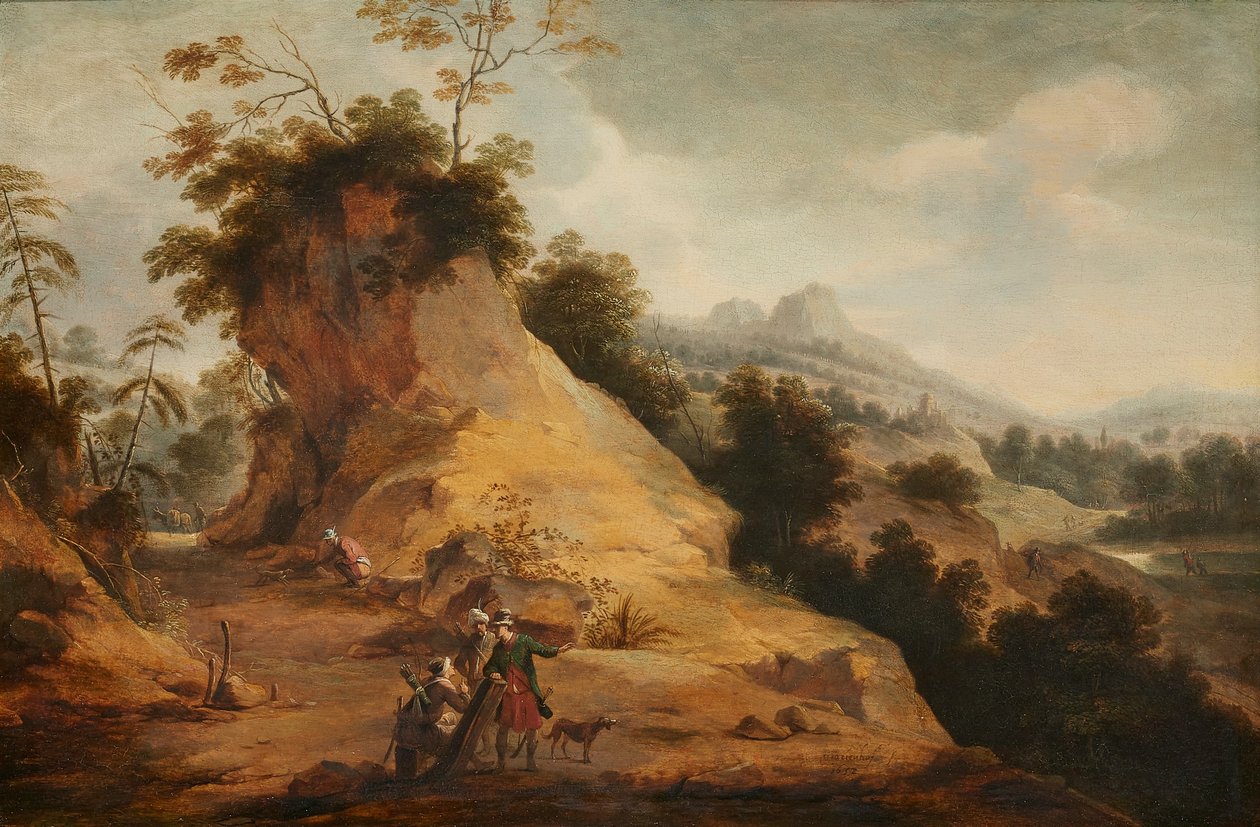 Paysage rocheux avec des chasseurs portant des costumes orientaux, conversant sur un sentier rocailleux - Aert Jansz Marienhof