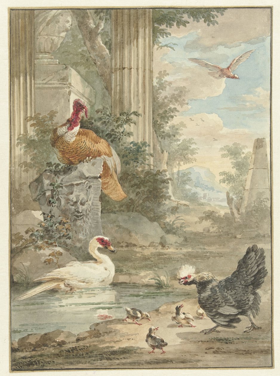 Dinde et autres oiseaux près de ruines classiques dans un parc - Aert Schouman