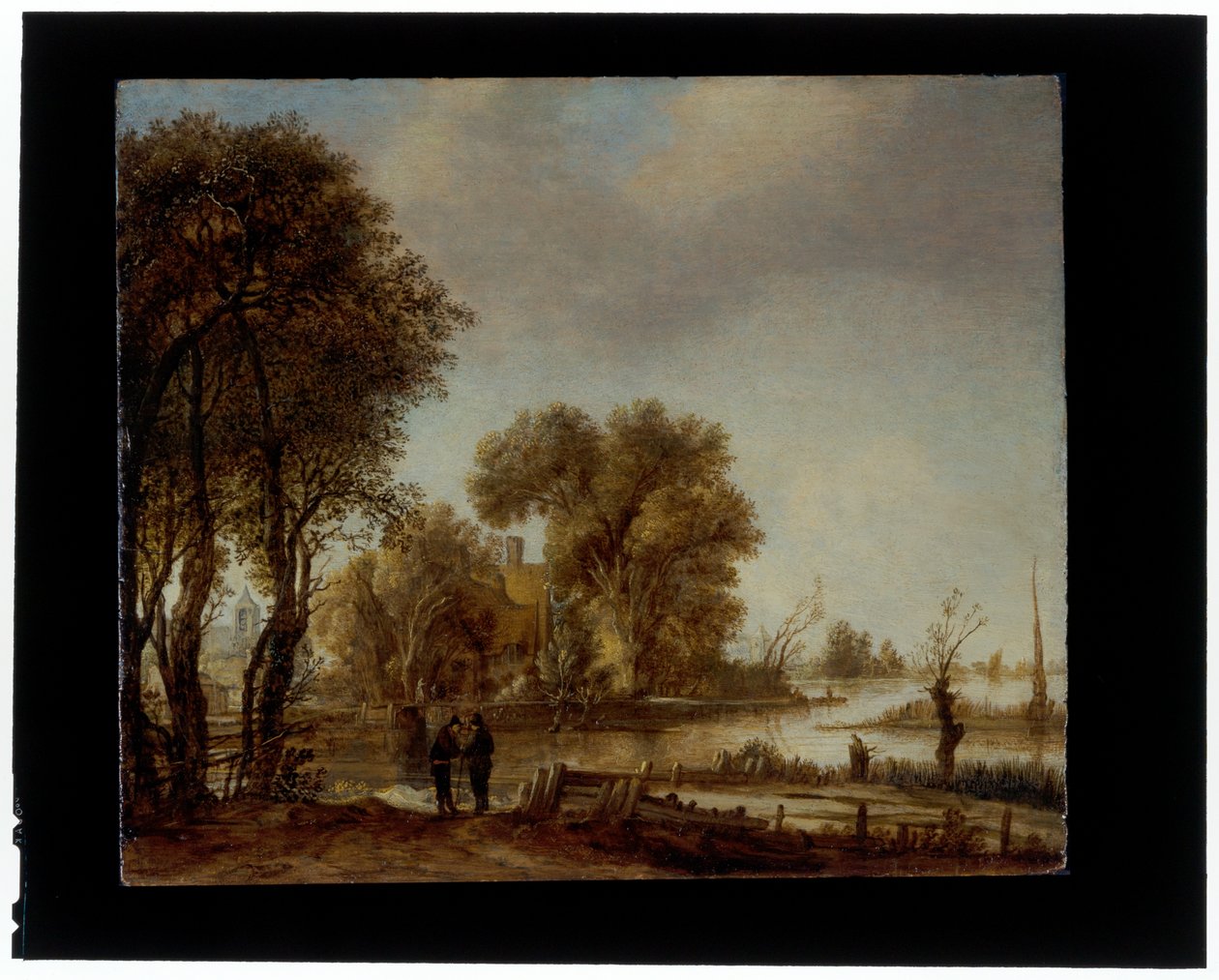 Paysage fluvial avec des hommes conversant sur un chemin - Aert van der Neer