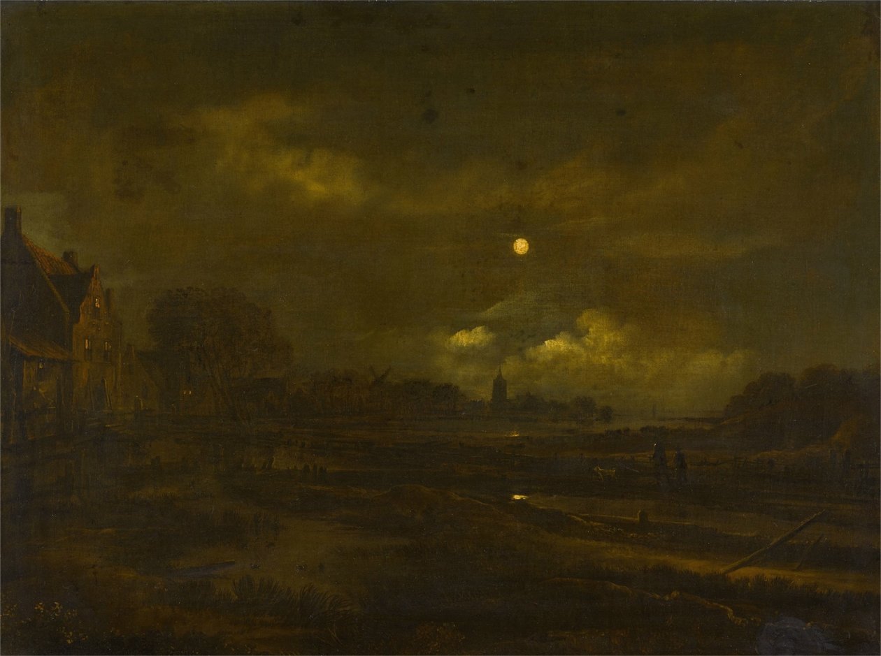 Paysage fluvial au clair de lune avec un village, un moulin à vent et une église au-delà, avec des voyageurs sur un chemin au premier plan. - Aert van der Neer