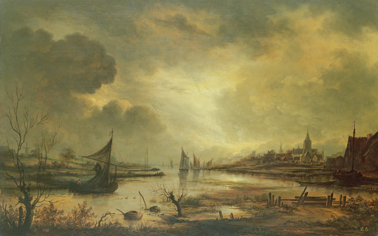 Ville hollandaise sur une rivière au clair de lune - Aert van der Neer