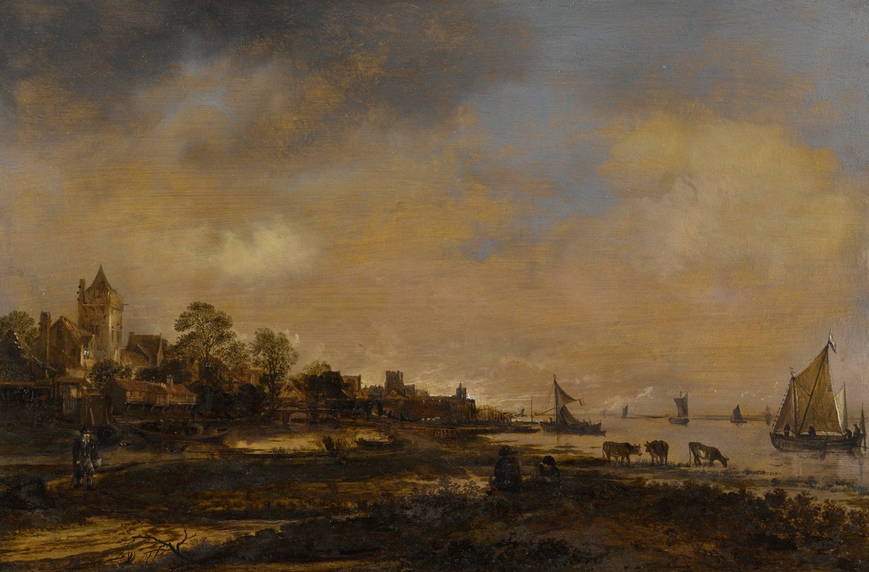 Paysage fluvial avec château et village - Aert van der Neer