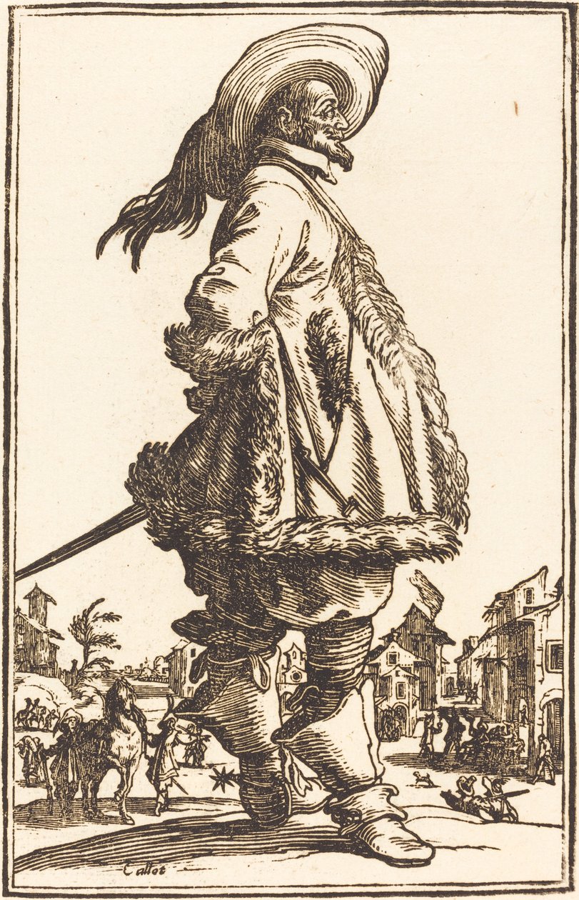 Noble homme avec manteau bordé de fourrure, les mains derrière le dos - After Jacques Callot