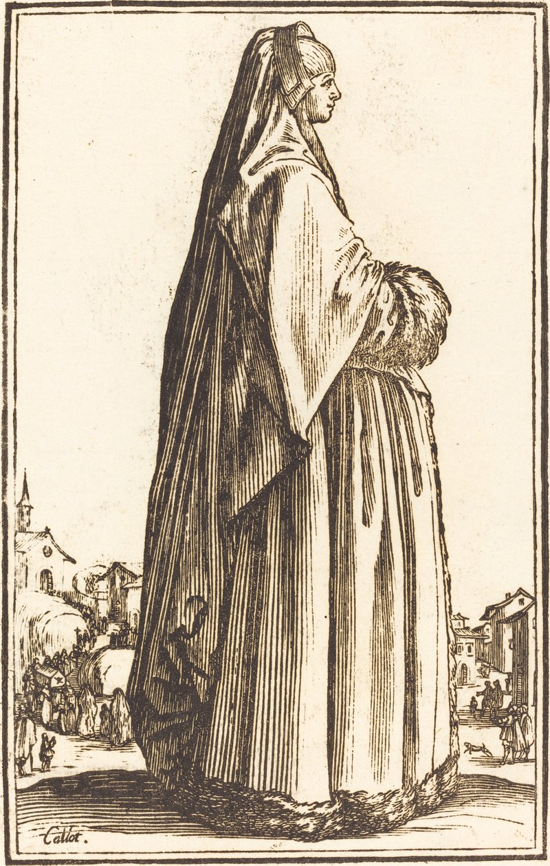 Noble femme portant un voile et une robe bordée de fourrure - After Jacques Callot
