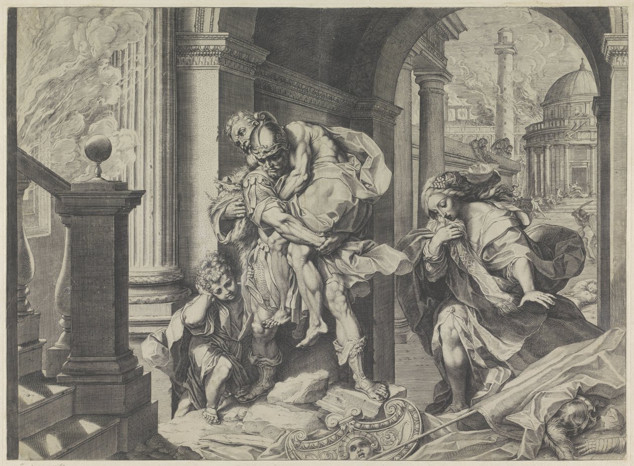 Énée fuit avec sa famille de Troie - Agostino Carracci