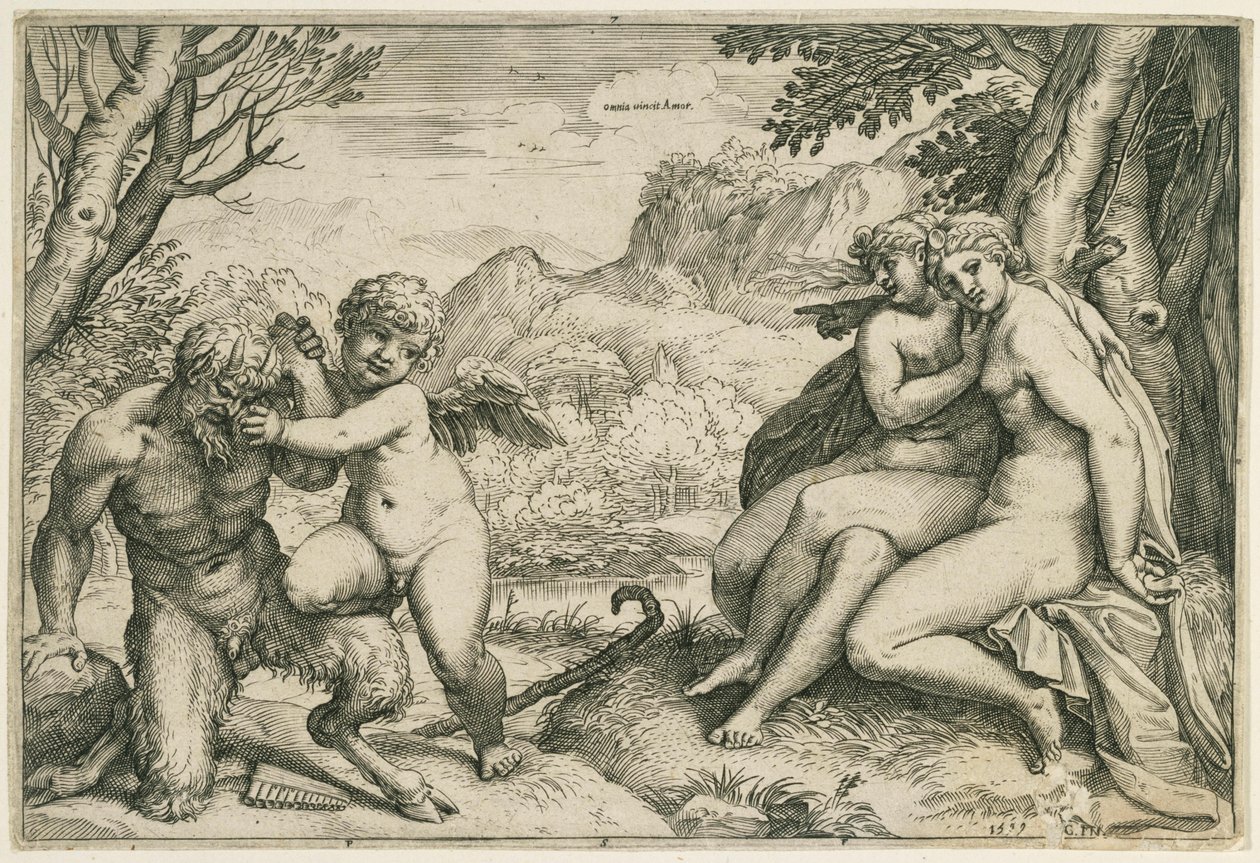 Omnia vincit Amor (Amor triomphe de Pan ; à droite, deux nymphes sous un arbre, dans un paysage) - Agostino Carracci