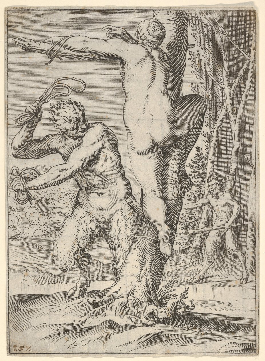 Satyre fouettant une nymphe, vue de dos et attachée à un arbre, un deuxième satyre... - Agostino Carracci