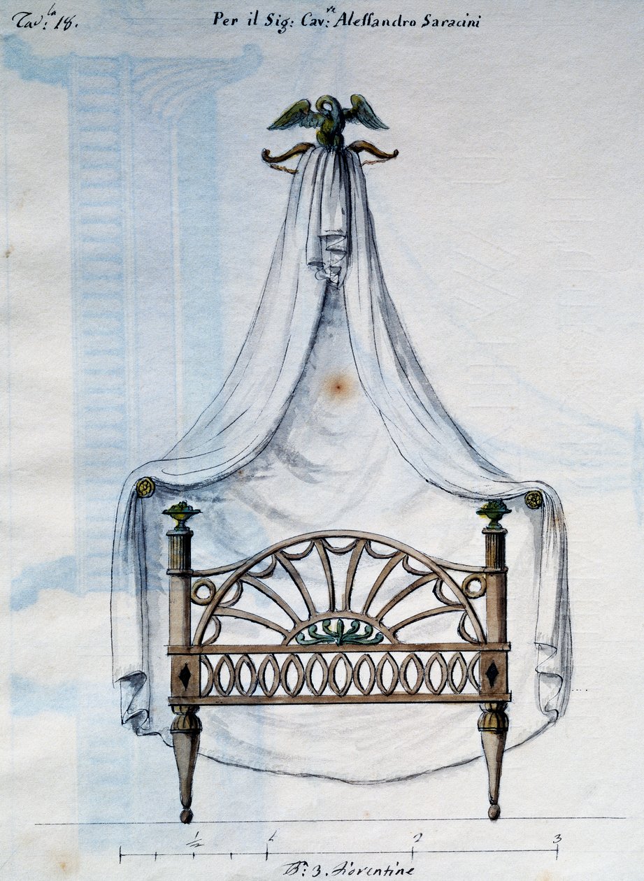Lit à baldaquin pour Alexandre Saracens, tiré de Lavori di falegname e Fabbro ideati e disegnati da me Agostino Fantastici, manuscrit 3, planche 18 (1782-1845) - Agostino Fantastici