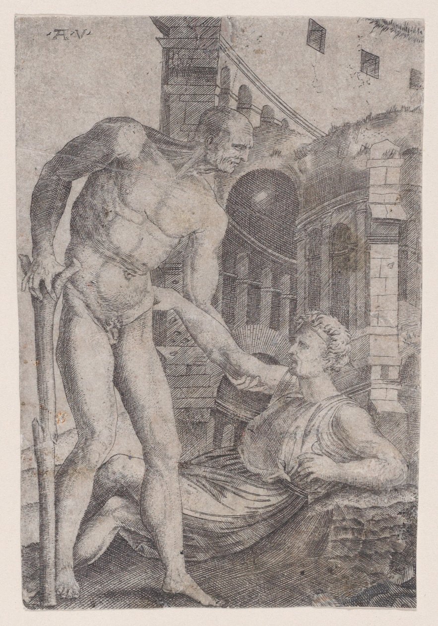 Un homme aidant un autre à se relever, vers 1514-36 - Agostino Veneziano