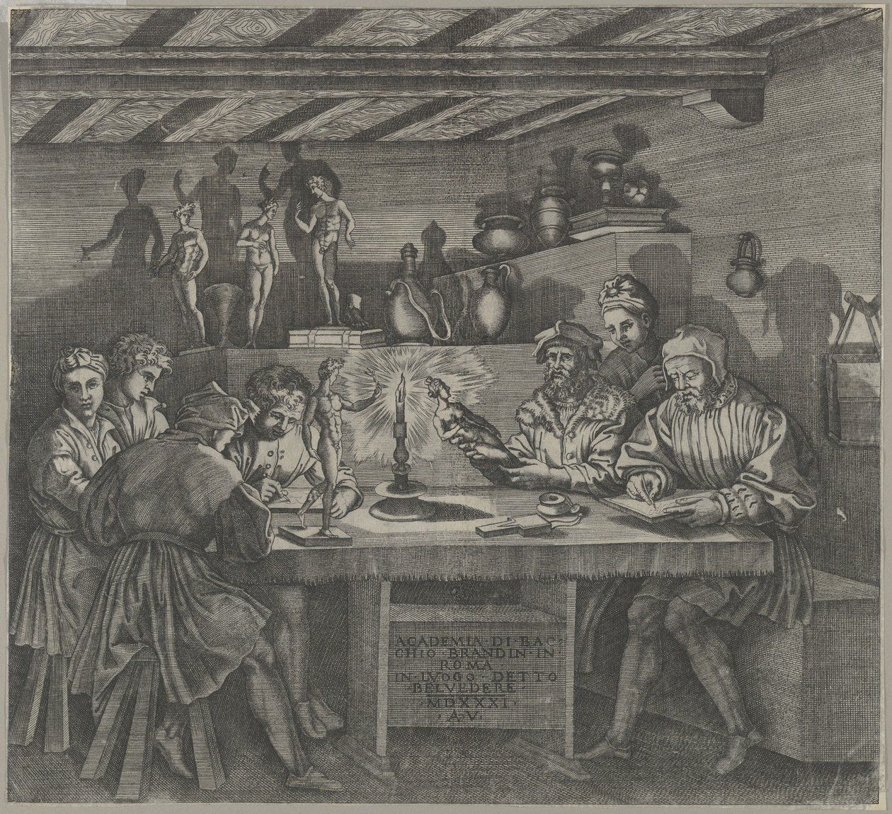 Baccio Bandinelli dans son atelier tenant une statuette de Vénus, étudiants dessinant, 1531 - Agostino Veneziano