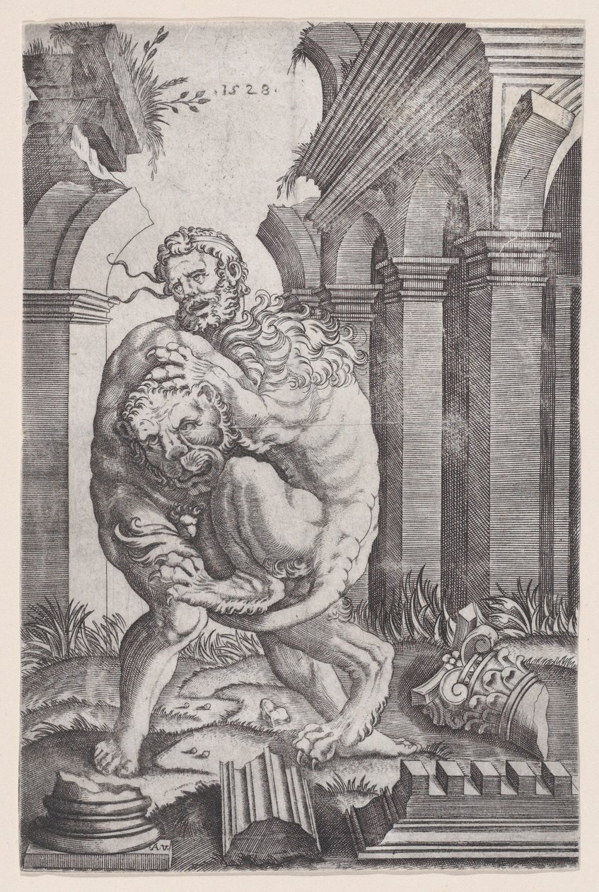 Hercule étranglant le lion de Némée, daté de 1528 - Agostino Veneziano