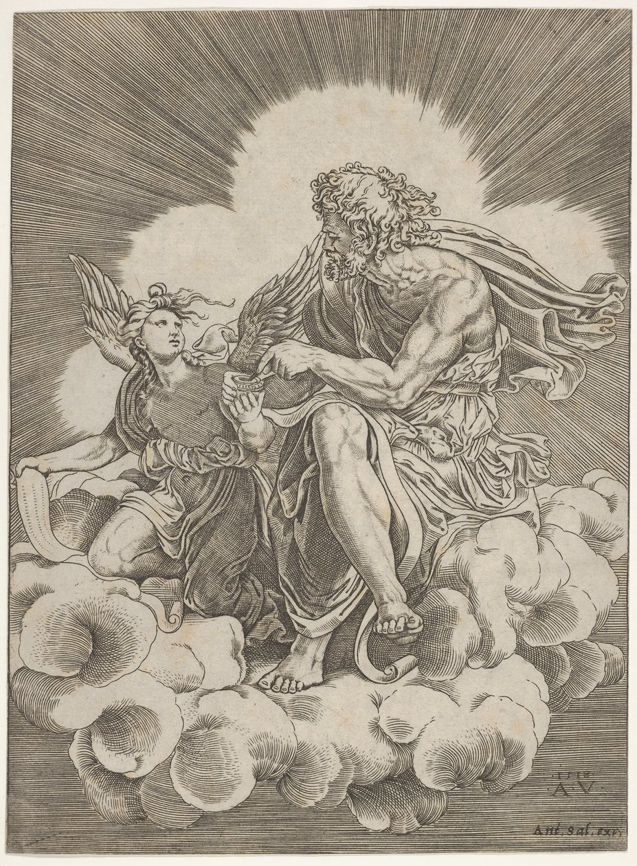 Saint Matthieu, assis sur un nuage et trempant une plume dans un encrier tenu par un ange..., vers 1518-20 - Agostino Veneziano