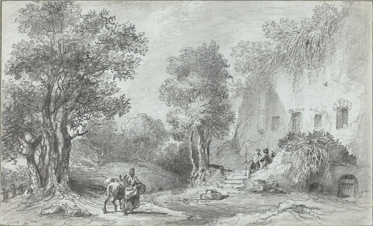 Paysage avec des paysans devant une auberge - Aignan Thomas Desfriches