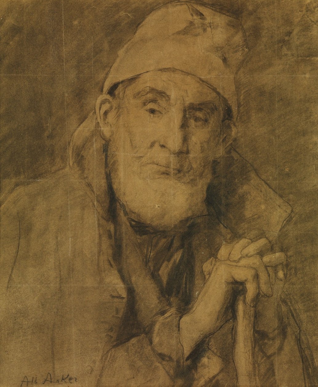 Le vieux Feissli avec canne et casquette - Albert Anker