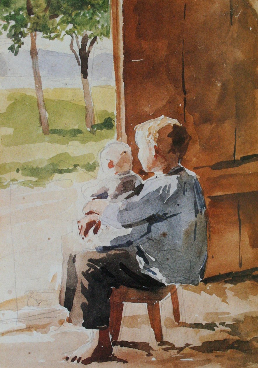 Jeune garçon portant un enfant sur ses genoux - Albert Anker