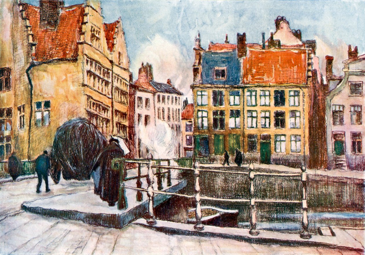 The "Pont aux Herbes," Ghent (colour litho) - Albert Baertsoen