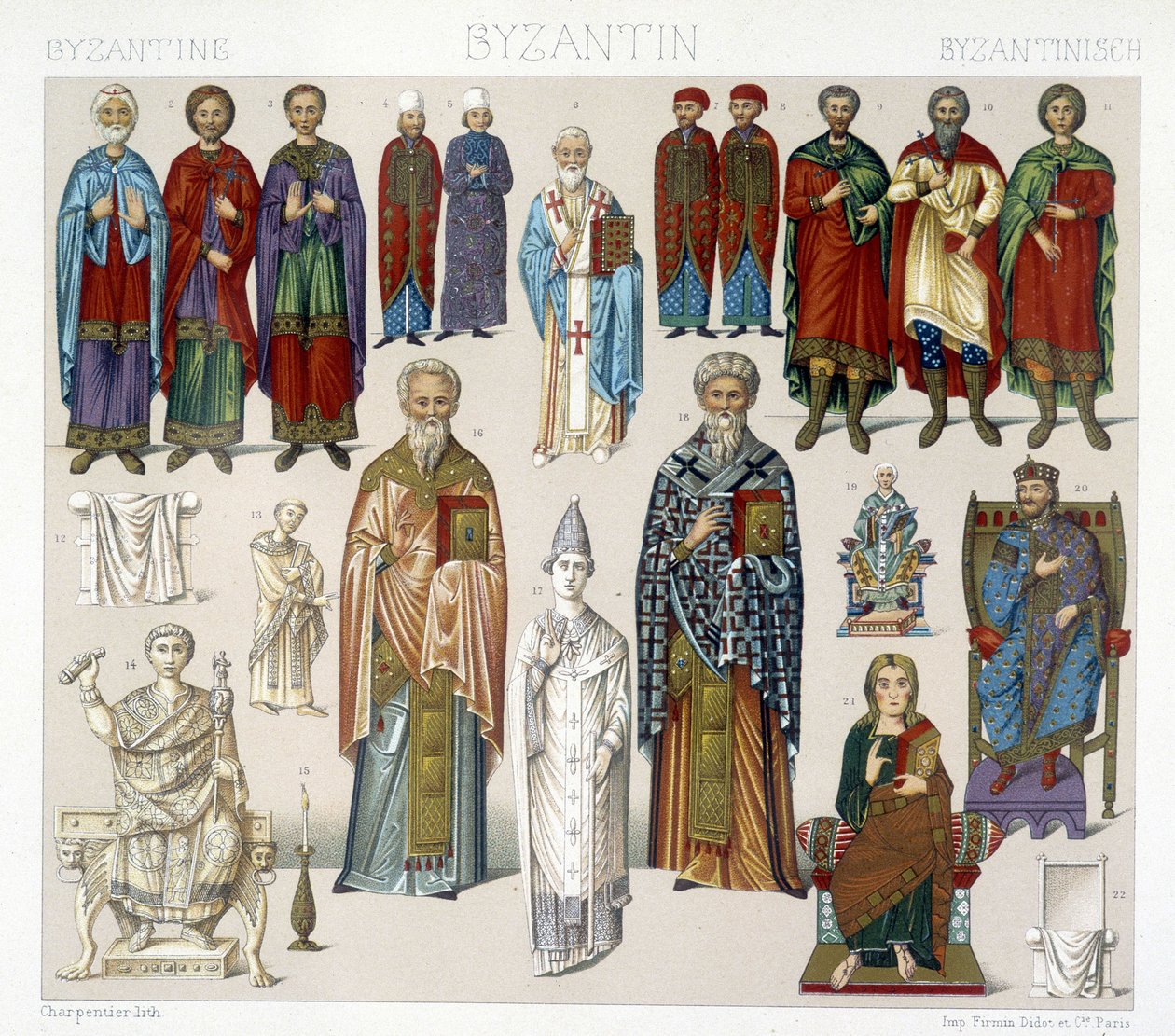 Costumes byzantins. Illustration dans « Le costume historique » par Racinet - Albert Charles August Racinet