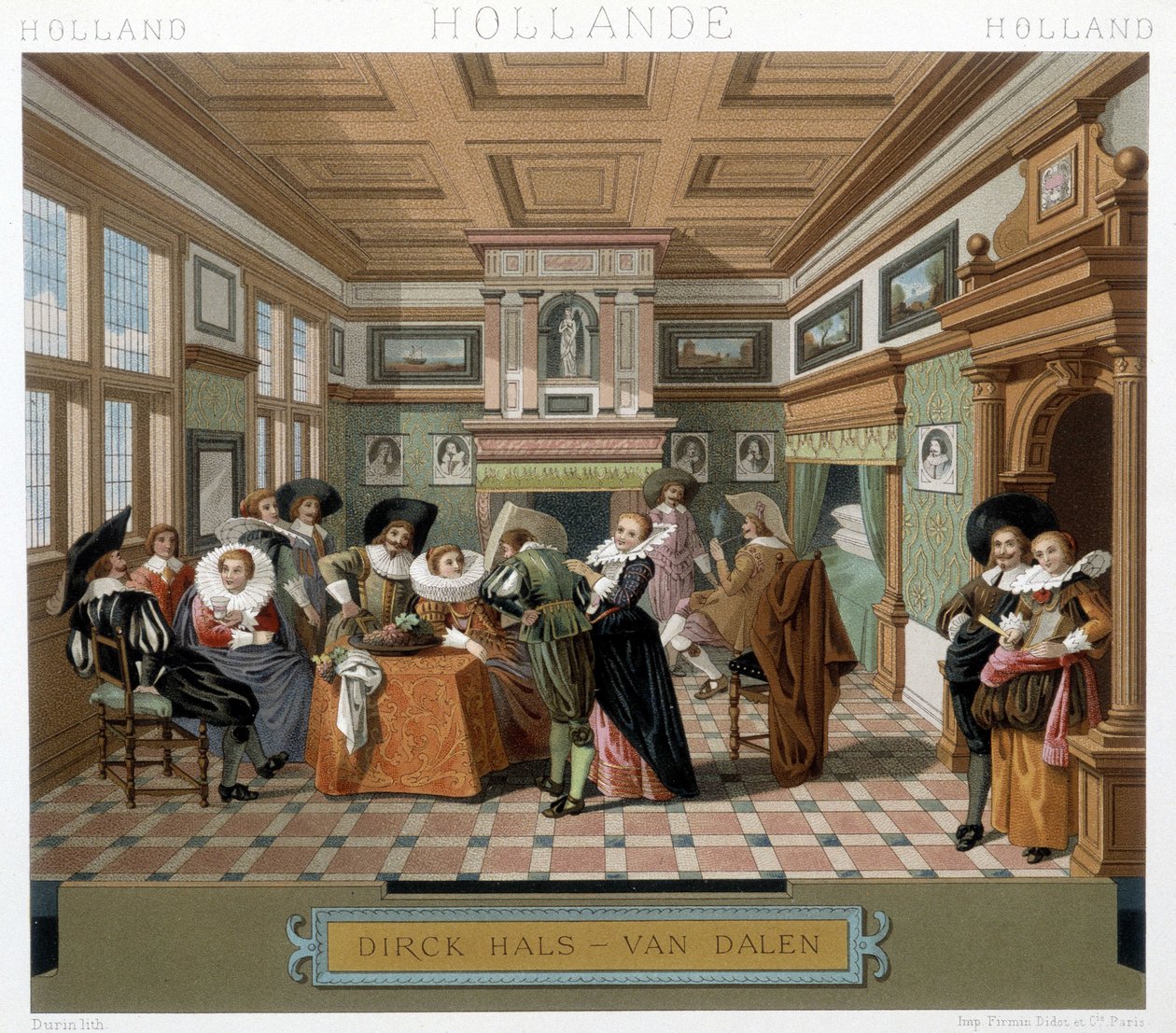 Hollandais en costumes et dans un intérieur du 18e siècle. Illustration dans « Le costume historique » par Racinet - Albert Charles August Racinet