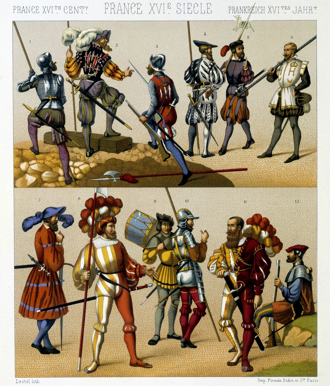 Costumes militaires français au XVIe siècle. Planche chromolithographique - dans « Le costume historique » par Racinet - Albert Charles August Racinet