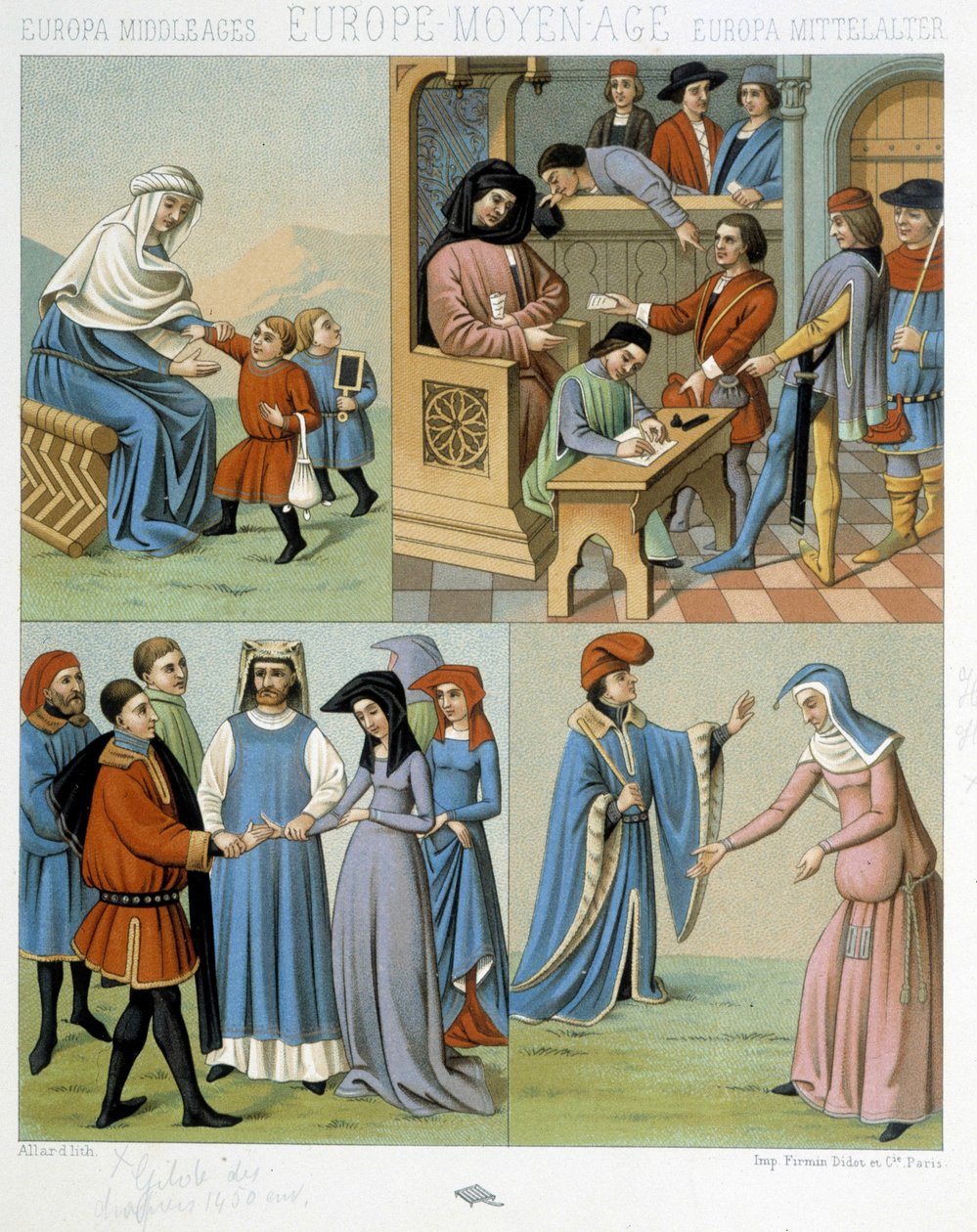 Moyen Âge : mère et enfants, un tribunal, un mariage - dans « Le costume historique » par Racinet - Albert Charles August Racinet