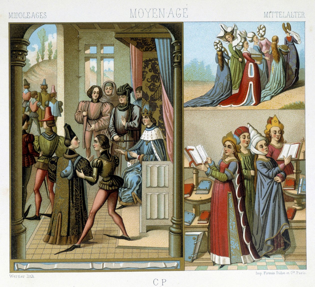 Moyen Âge : la cour royale, les dames nobles, les dames instruites - dans « Le costume historique » par Racinet - Albert Charles August Racinet