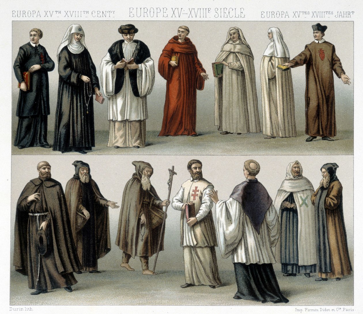Costumes monastiques en Europe du 15e au 18e siècle. Illustration dans « Le costume historique » par Racinet - Albert Charles August Racinet