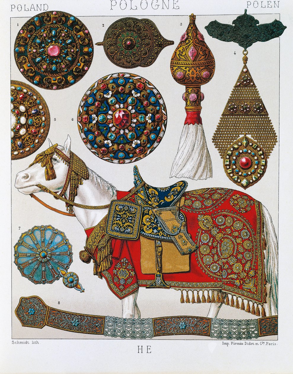 Ornements polonais, chevaliers hussards, lithographie tirée du Costume historique de Schmidt, Volume V - Albert Charles August Racinet
