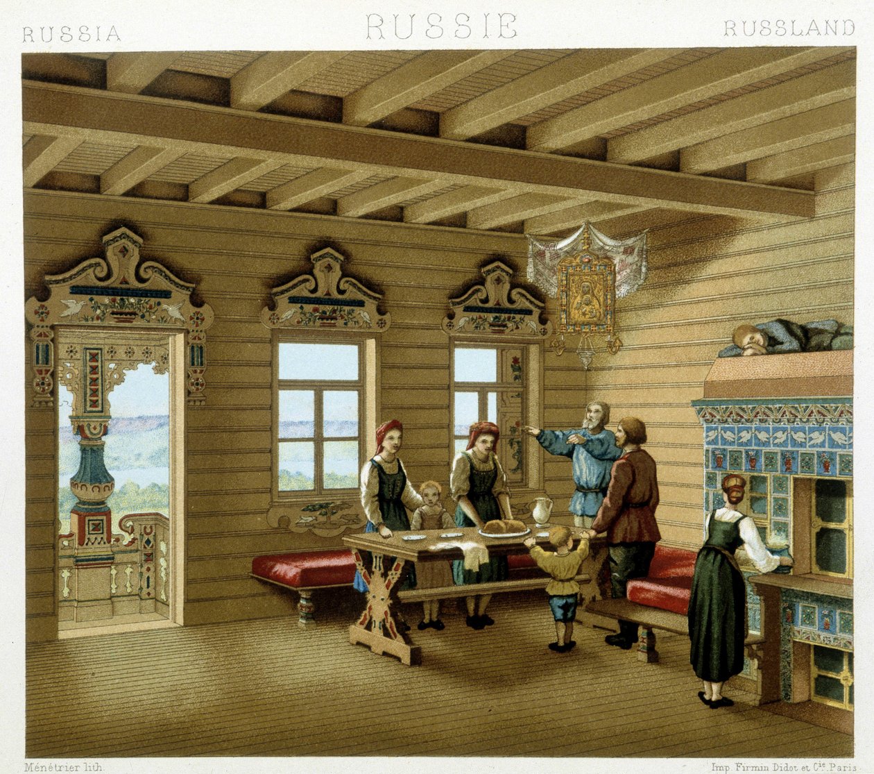 Famille russe dans une résidence typique en Russie au 19e siècle. Planche chromolithographique - dans « Le costume historique » par Racinet - Albert Charles August Racinet